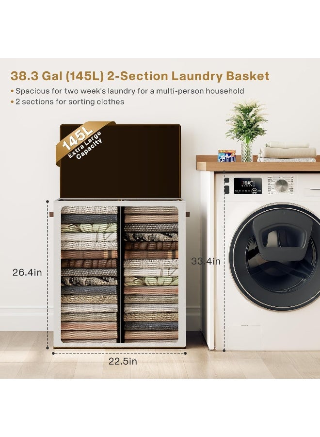 SOLEDI Double Laundry Hamper with Lid and Removable Laundry Bags  Large Hamper for Laundry  Laundry Basket 2 Sections  Collapsible Laundry Baskets for Bedroom  Laundry Room  Bathroom  Off-white - Image 2