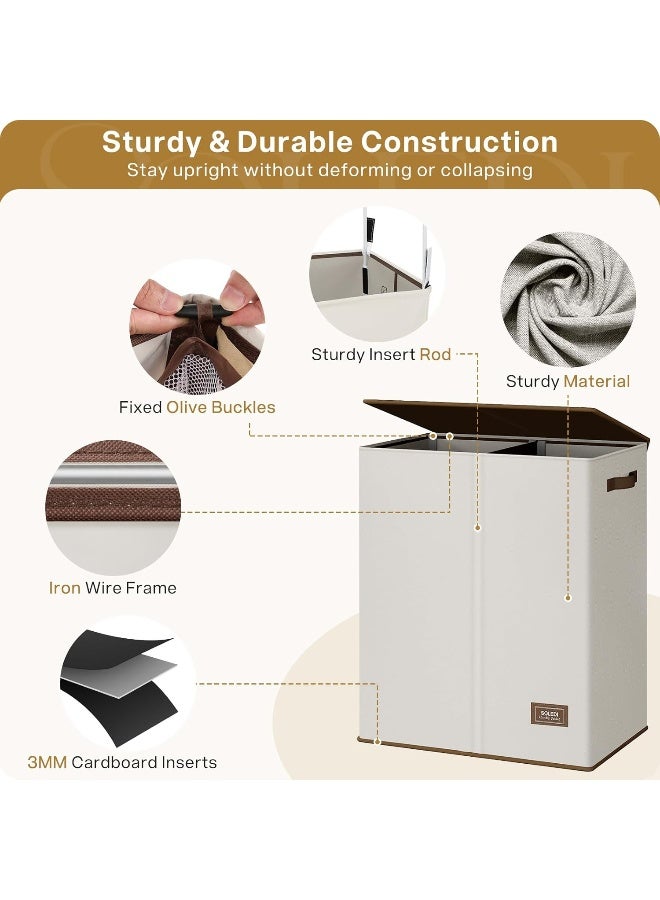 SOLEDI Double Laundry Hamper with Lid and Removable Laundry Bags  Large Hamper for Laundry  Laundry Basket 2 Sections  Collapsible Laundry Baskets for Bedroom  Laundry Room  Bathroom  Off-white - Image 5