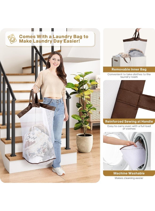 SOLEDI Double Laundry Hamper with Lid and Removable Laundry Bags  Large Hamper for Laundry  Laundry Basket 2 Sections  Collapsible Laundry Baskets for Bedroom  Laundry Room  Bathroom  Off-white - Image 4