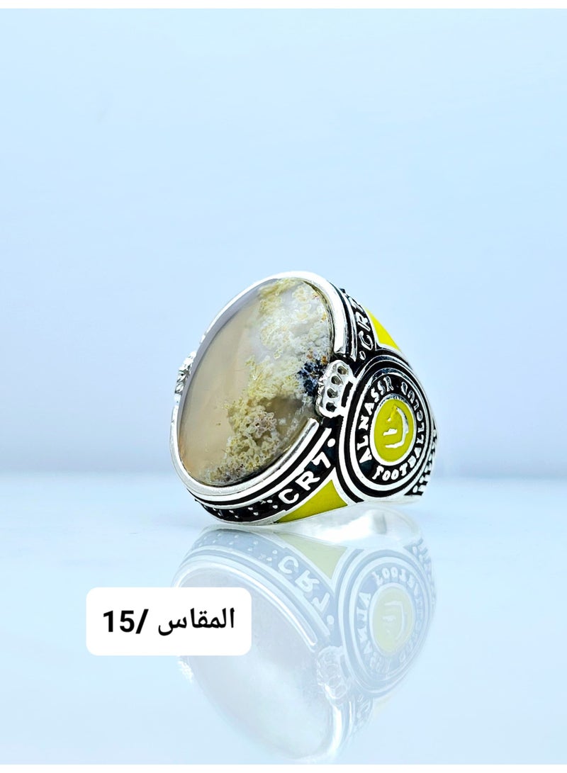 سي ار7 خاتم رجالي عقيق يماني طبيعي مع حلقة من الفضة عيار 925 - Image 1