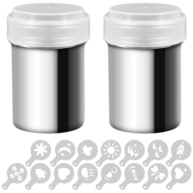 2 Stainless Steel Powder Shakers SENHAI Mesh Shaker Powder Cans for Coffee Cocoa Cinnamon Powder with Lid with 16 pcs Printing Molds Stencils