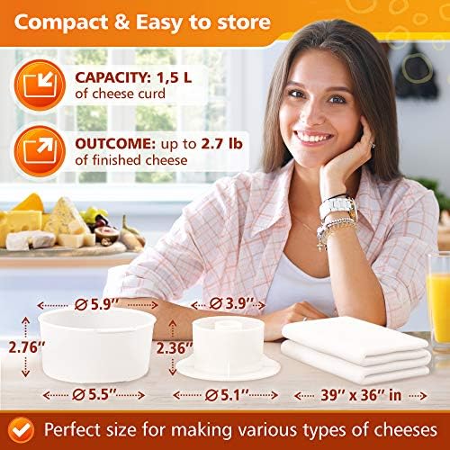 Grand Way Cheese Mold with a Follower and Cheesecloth – Cheese Making Kit – Cheesemaking Supplies – Cheese Set for Press – Reusable Cheesecloth – 100% Cotton Cloth for Straining – Paneer Maker - Image 3
