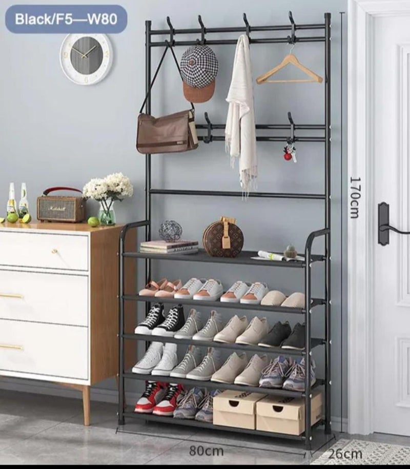 Versatile shoe rack with clothes hangers – 80cm wide x 170cm high – Made of high-quality, durable metal – Space-saving design - Image 1