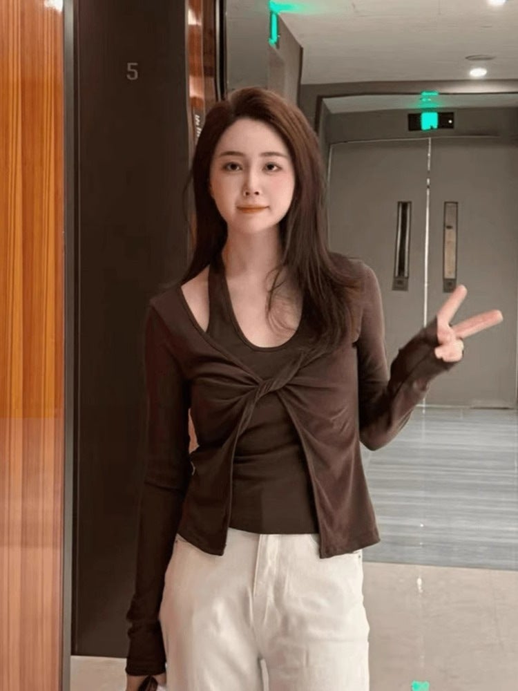 Autumn New Niche Design Sense Hanging Neck Fake Two-Piece Kink Long-Sleeved T-Shirt Spice Girls Slim-Fit Slim Top - Image 2