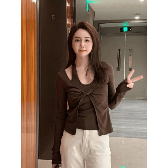 Autumn New Niche Design Sense Hanging Neck Fake Two-Piece Kink Long-Sleeved T-Shirt Spice Girls Slim-Fit Slim Top - Image 1