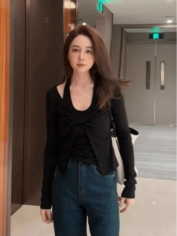 Autumn New Niche Design Sense Hanging Neck Fake Two-Piece Kink Long-Sleeved T-Shirt Spice Girls Slim-Fit Slim Top - Image 4