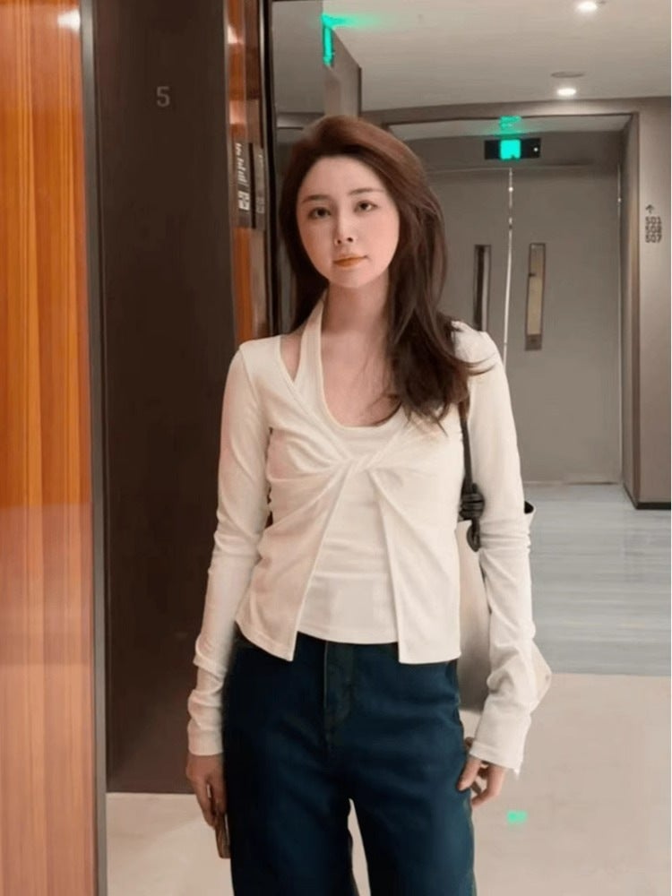 Autumn New Niche Design Sense Hanging Neck Fake Two-Piece Kink Long-Sleeved T-Shirt Spice Girls Slim-Fit Slim Top - Image 5
