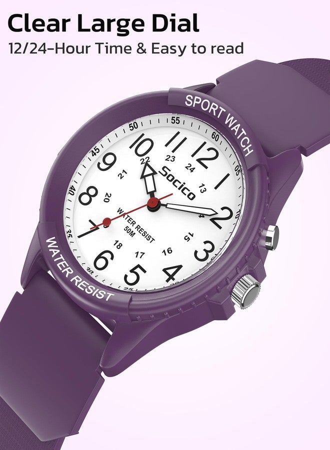 SOCICO Watch for Men Women Big Face Classic Analog Quartz Sports Backlight Unisex Waterproof Nurse Watch for Medical Army Military Time with Second Hand Easy to Read Casual Wristwatch, Dark Purple, Military - Image 4