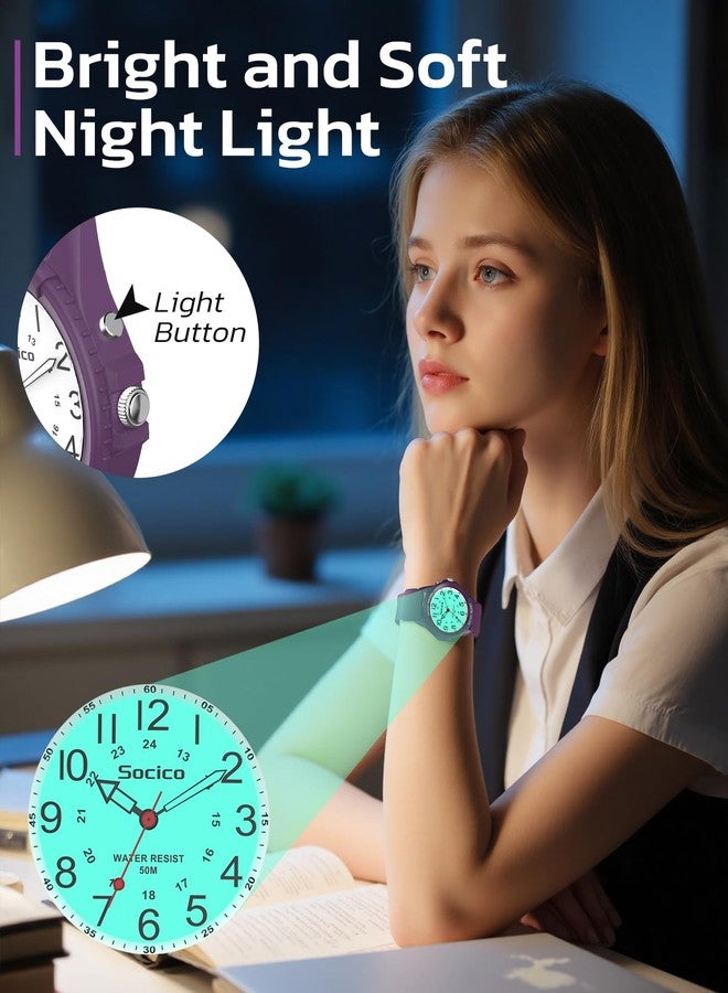 SOCICO Watch for Men Women Big Face Classic Analog Quartz Sports Backlight Unisex Waterproof Nurse Watch for Medical Army Military Time with Second Hand Easy to Read Casual Wristwatch, Dark Purple, Military - Image 2