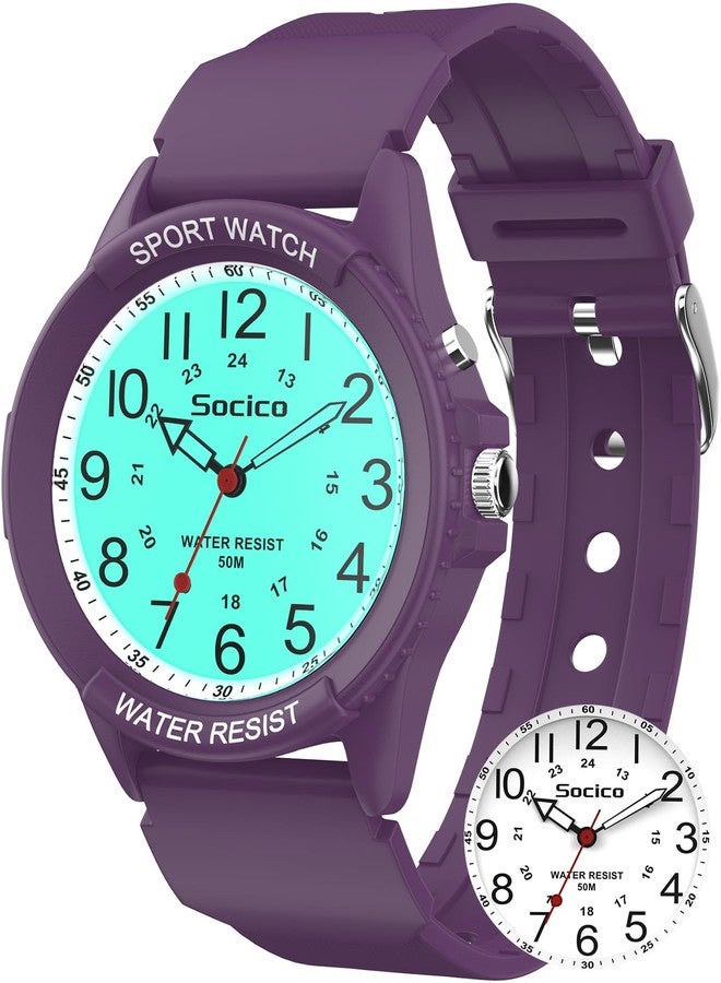 SOCICO Watch for Men Women Big Face Classic Analog Quartz Sports Backlight Unisex Waterproof Nurse Watch for Medical Army Military Time with Second Hand Easy to Read Casual Wristwatch, Dark Purple, Military - Image 1