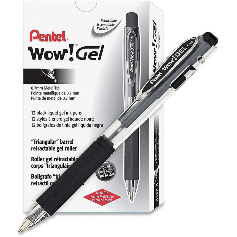 Pentel WOW! Gel Retractable Gel Pen 0.7mm Medium Line Black Ink, Box of 12 (K437-A) - Image 2