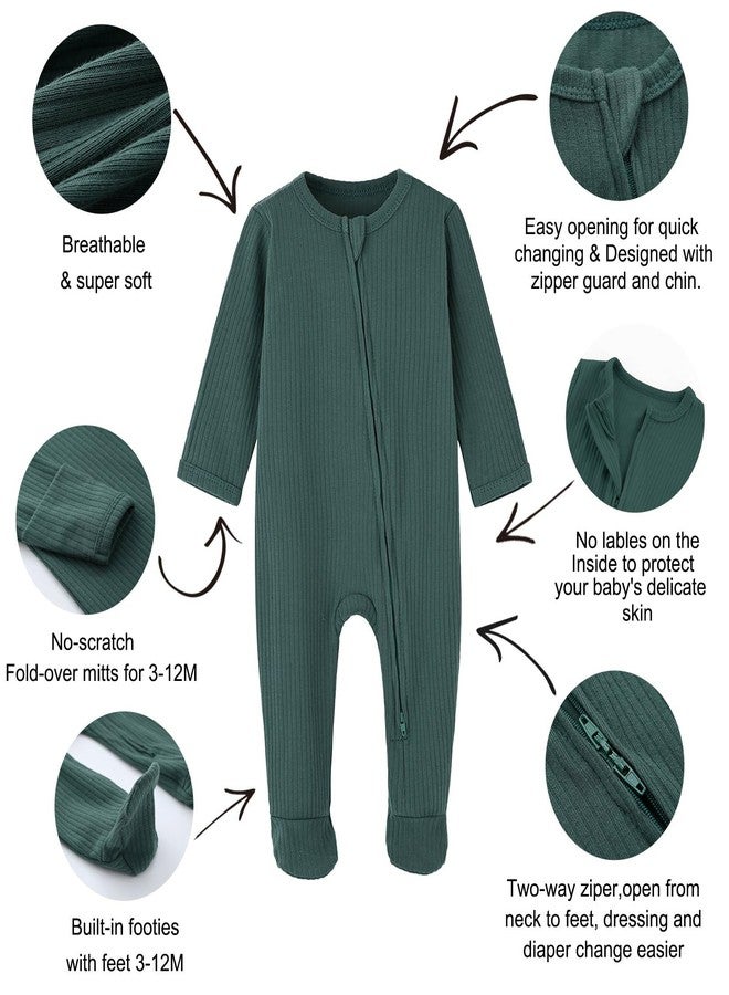 ACESTAR Unisex Baby Footies Pajamas, 2-Way Zipper Baby Sleepers with Mitten Cuffs - Cotton Long Sleeve Baby Zip Up Onesie Kids Sleep and Play (Dark Green&Mint Green, 9-12 Months) - Image 3