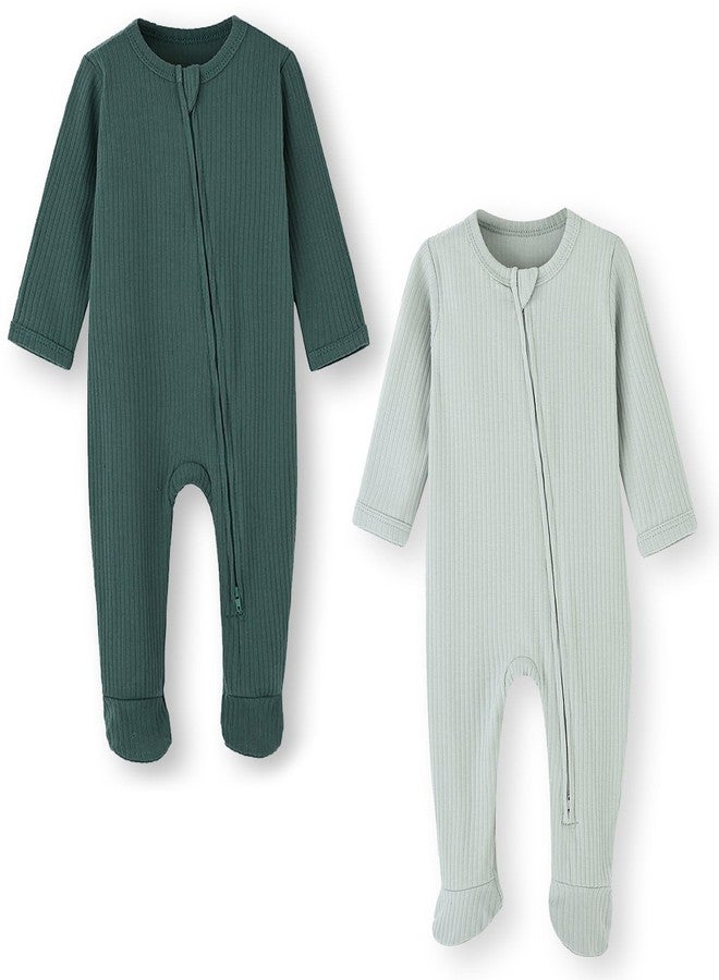 ACESTAR Unisex Baby Footies Pajamas, 2-Way Zipper Baby Sleepers with Mitten Cuffs - Cotton Long Sleeve Baby Zip Up Onesie Kids Sleep and Play (Dark Green&Mint Green, 9-12 Months) - Image 1