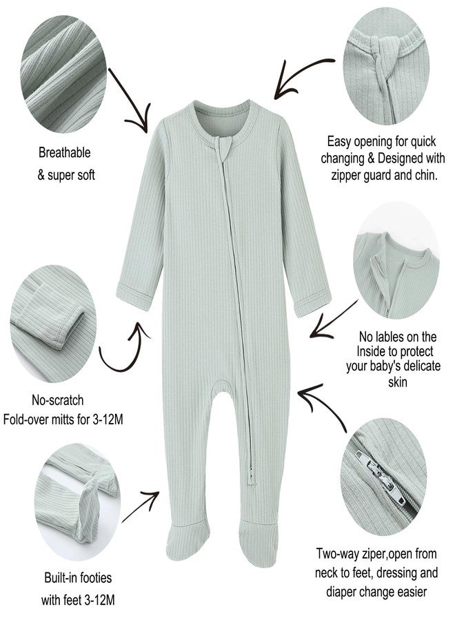 ACESTAR Unisex Baby Footies Pajamas, 2-Way Zipper Baby Sleepers with Mitten Cuffs - Cotton Long Sleeve Baby Zip Up Onesie Kids Sleep and Play (Dark Green&Mint Green, 9-12 Months) - Image 5