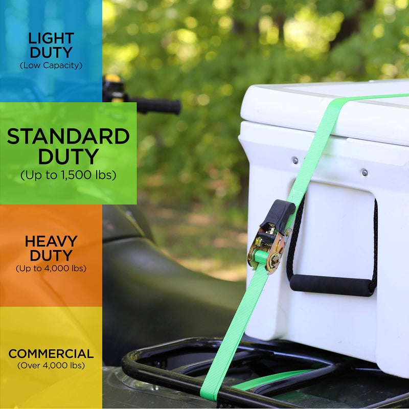 SMARTSTRAPS سمارت سترابس - 101W كواد ويندر حزام ربط مبطن بطول 14 قدم، أخضر (4 حزمة) - علبة تخزين ذاتية التحميل مسجلة ببراءة اختراع - قوة كسر 1,500 رطل، حمولة عمل آمنة 500 رطل - لنقل الأحمال الأخف مثل ATV، جزازات العشب والمزيد - Image 4