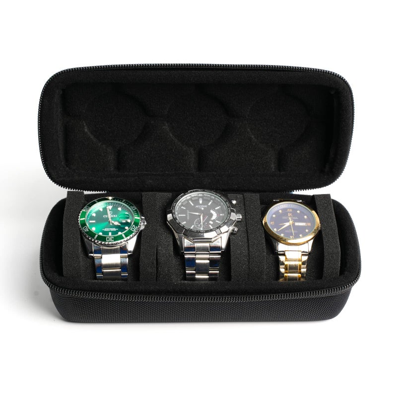 RIGICASE 3 watch travel case roll Hard watch carry case roll display storage holder box with soft foam pillows snug fit all size watches up to 60mm face
