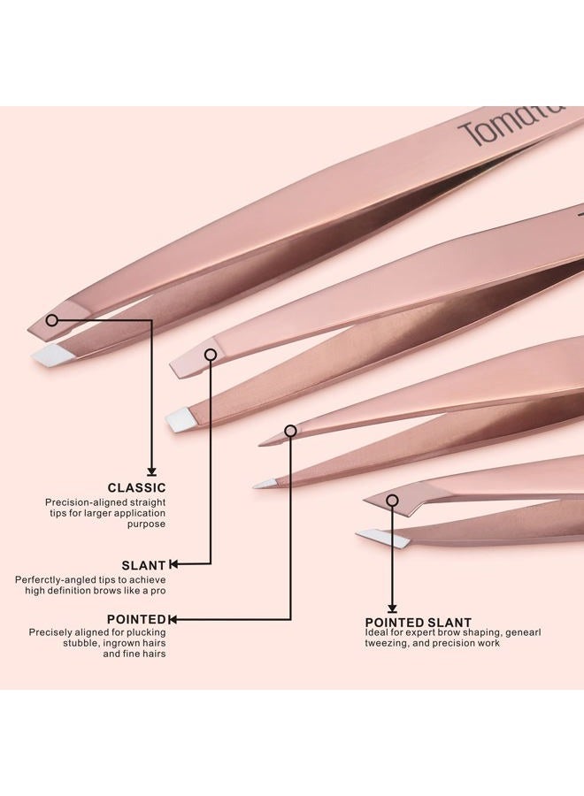 Tomata Tweezers for Eyebrows, Slant Tip and Pointed Eyebrow Tweezer Set Great Precision for Eyebrows Facial Hair, Ingrown Hair, Splinter, Blackhead and Tick Remover (4-piece) (Gold) - Image 2