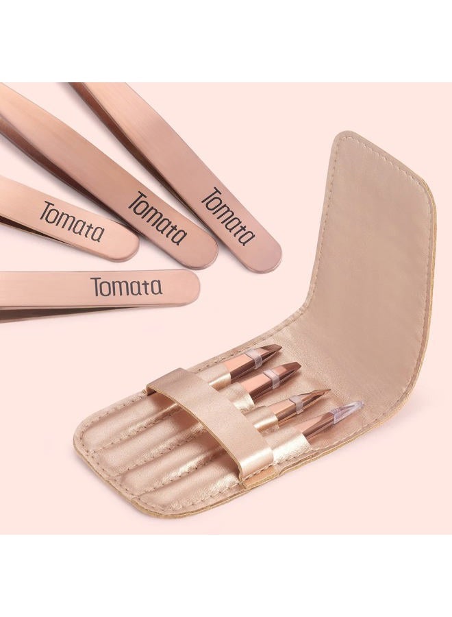 Tomata Tweezers for Eyebrows, Slant Tip and Pointed Eyebrow Tweezer Set Great Precision for Eyebrows Facial Hair, Ingrown Hair, Splinter, Blackhead and Tick Remover (4-piece) (Gold) - Image 4