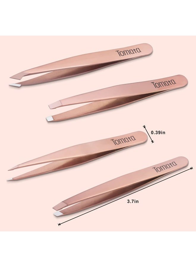 Tomata Tweezers for Eyebrows, Slant Tip and Pointed Eyebrow Tweezer Set Great Precision for Eyebrows Facial Hair, Ingrown Hair, Splinter, Blackhead and Tick Remover (4-piece) (Gold) - Image 5