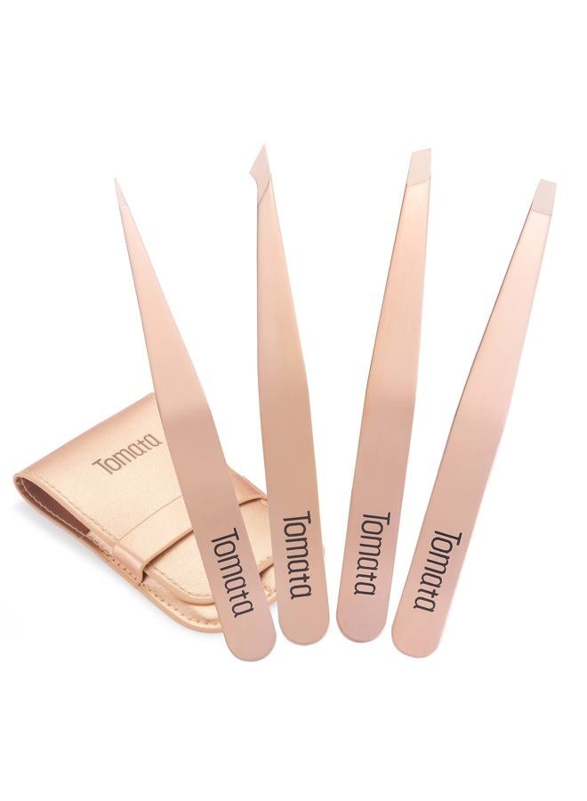 Tomata Tweezers for Eyebrows, Slant Tip and Pointed Eyebrow Tweezer Set Great Precision for Eyebrows Facial Hair, Ingrown Hair, Splinter, Blackhead and Tick Remover (4-piece) (Gold) - Image 1