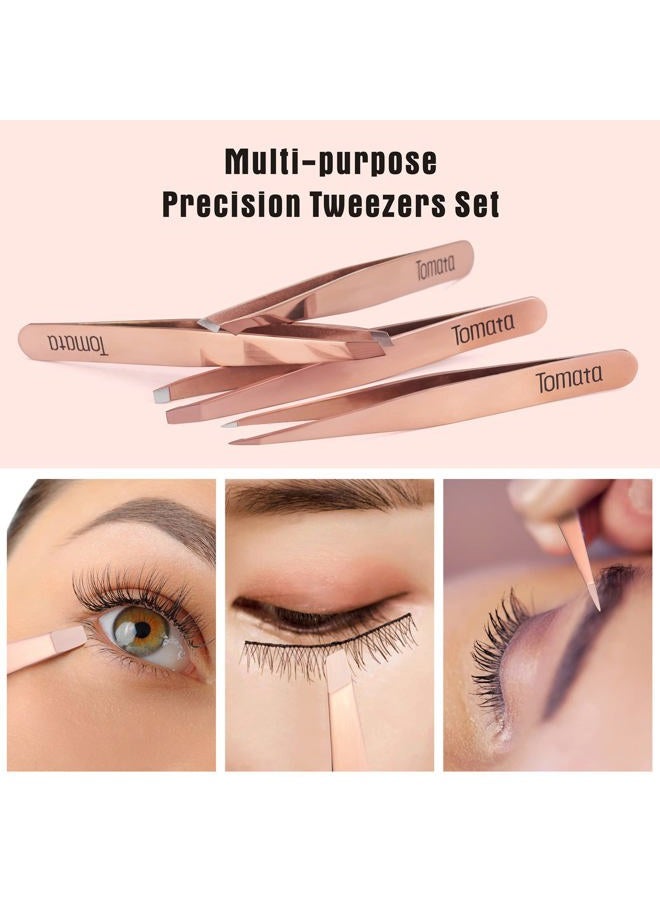 Tomata Tweezers for Eyebrows, Slant Tip and Pointed Eyebrow Tweezer Set Great Precision for Eyebrows Facial Hair, Ingrown Hair, Splinter, Blackhead and Tick Remover (4-piece) (Gold) - Image 3