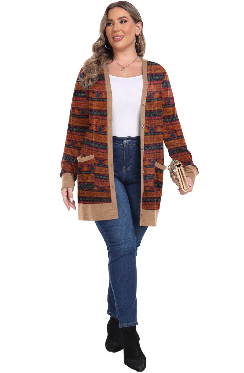 OLRIK Cardigan Sweaters for Women Plus Size Casual Loose Lightweight Cardigans with Pockets Christmas Tree Red-2X - Image 5