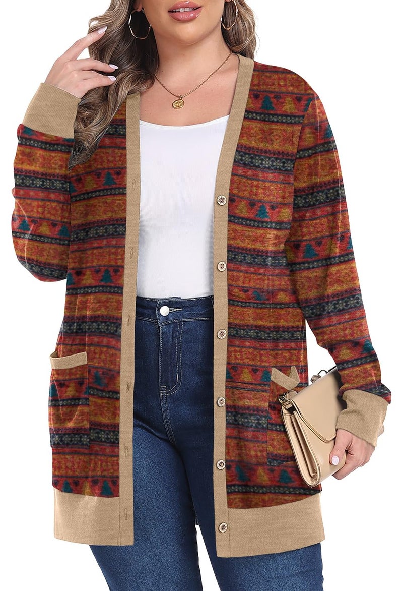 OLRIK Cardigan Sweaters for Women Plus Size Casual Loose Lightweight Cardigans with Pockets Christmas Tree Red-2X - Image 2
