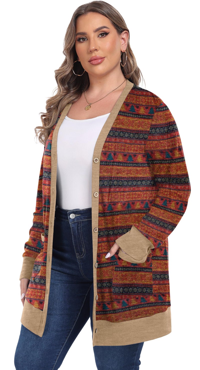 OLRIK Cardigan Sweaters for Women Plus Size Casual Loose Lightweight Cardigans with Pockets Christmas Tree Red-2X - Image 3