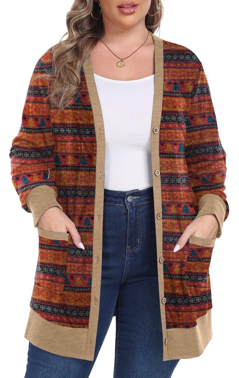 OLRIK Cardigan Sweaters for Women Plus Size Casual Loose Lightweight Cardigans with Pockets Christmas Tree Red-2X - Image 1