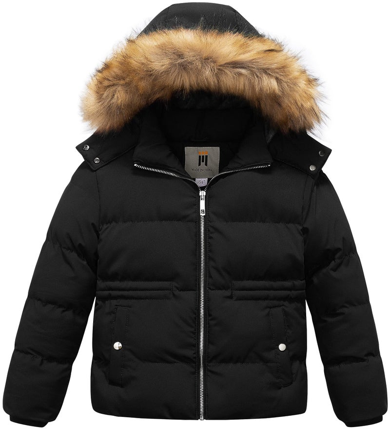 CREATMO US Girl's Kids Metallic Shiny Jacket with Detachable Fur Collar Warmth Winter Outerwear, Black, 6-7 Years - Image 1