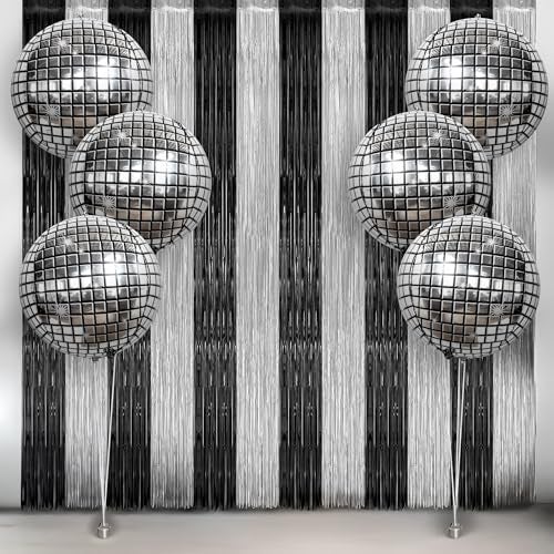 KatchOn Disco Party Decorations Set Big Pack of 8 4D Disco Ball Balloons with Black and Silver Fringe Backdrop for Birthday Decorations Foil Streamers Balloons for Graduation Photo Background - Image 1