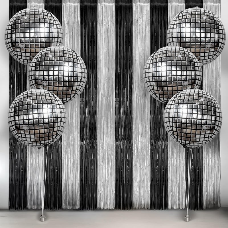 KatchOn Disco Party Decorations Set Big Pack of 8 4D Disco Ball Balloons with Black and Silver Fringe Backdrop for Birthday Decorations Foil Streamers Balloons for Graduation Photo Background - Image 3