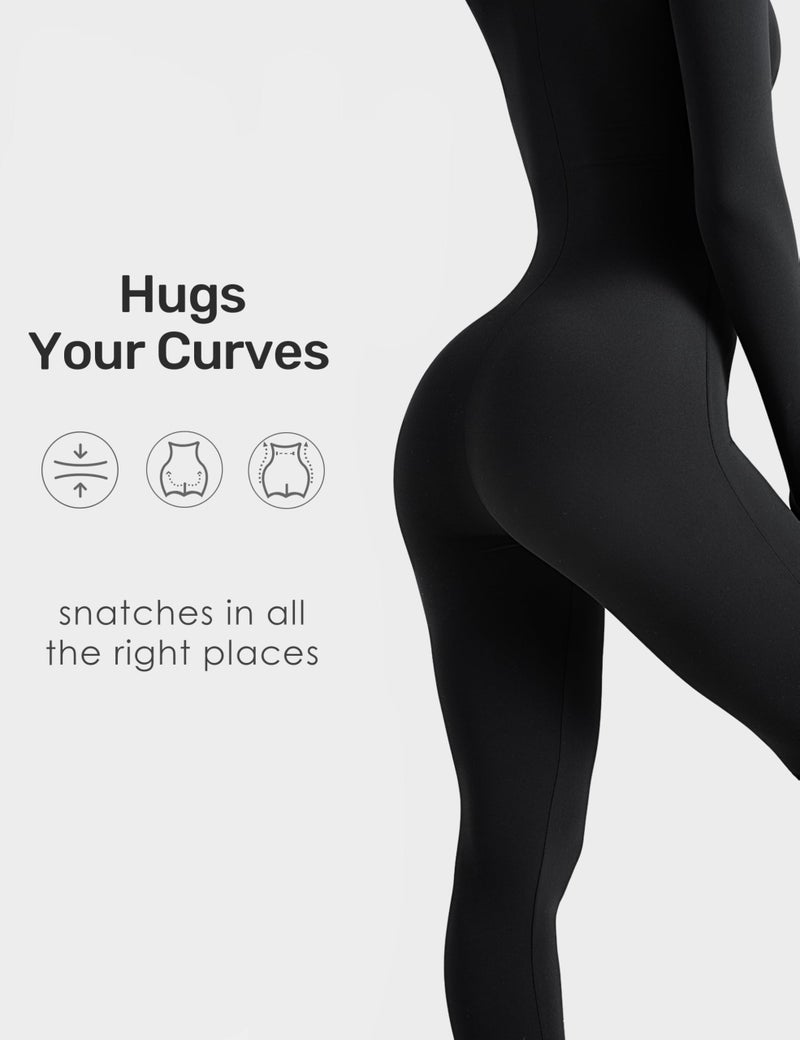 speerise Women Long Sleeve Jumpsuit Workout Bodycon Romper with Pants Zip Up Unitard Sexy One Piece Full Bodysuits Black M - Image 2