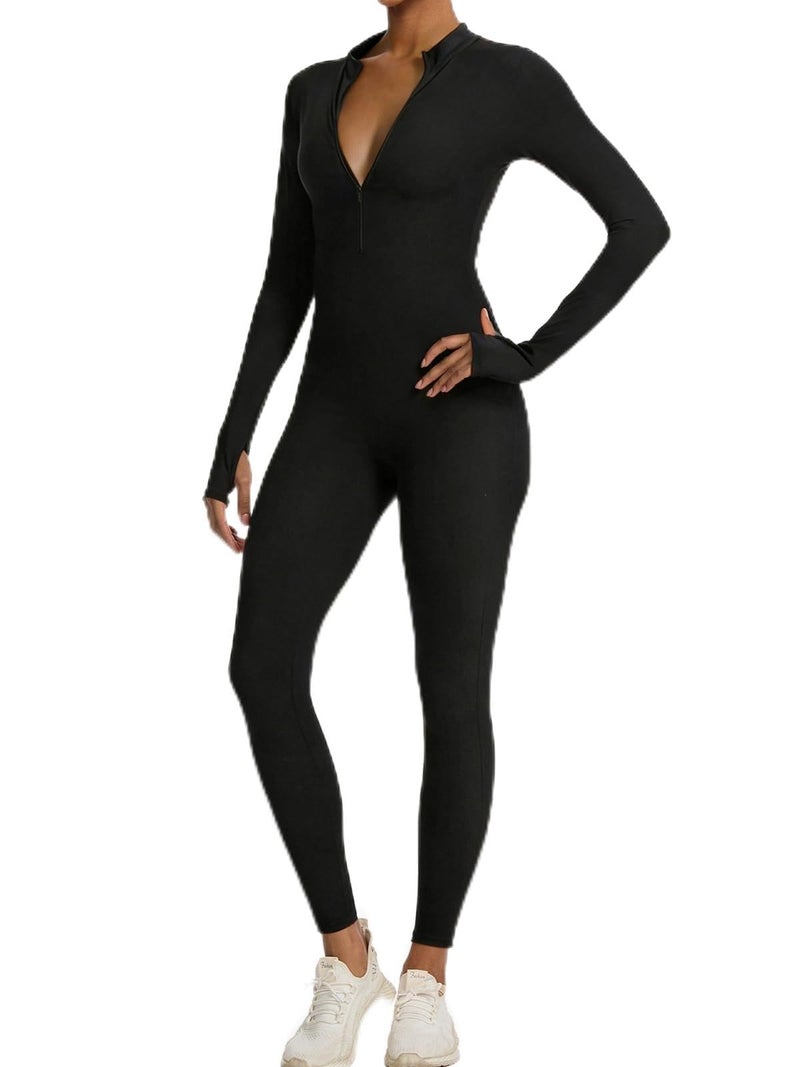 speerise Women Long Sleeve Jumpsuit Workout Bodycon Romper with Pants Zip Up Unitard Sexy One Piece Full Bodysuits Black M - Image 1