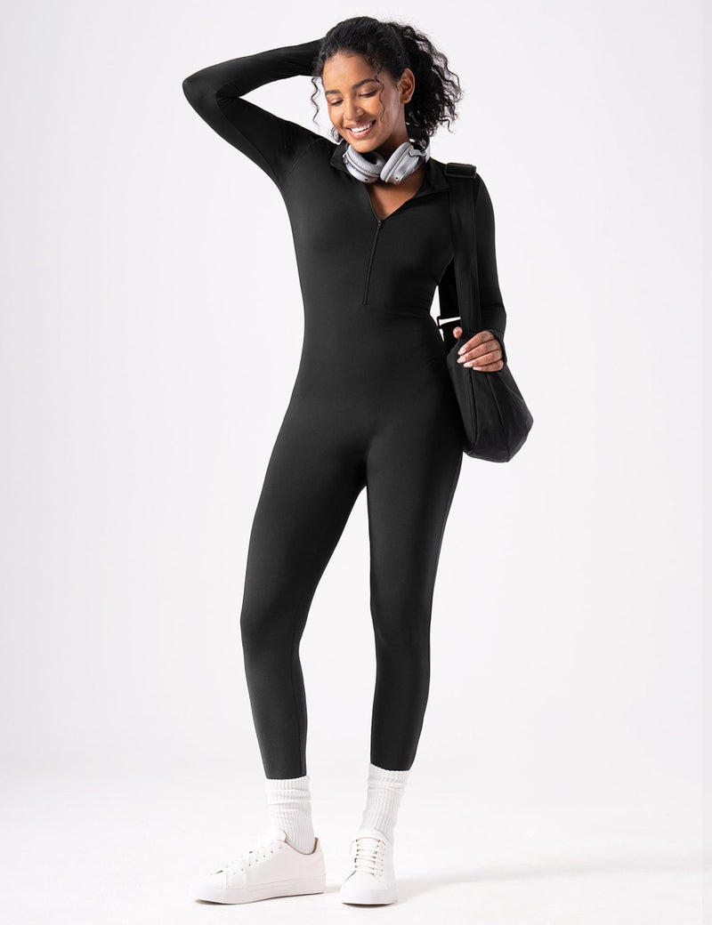 speerise Women Long Sleeve Jumpsuit Workout Bodycon Romper with Pants Zip Up Unitard Sexy One Piece Full Bodysuits Black M - Image 5