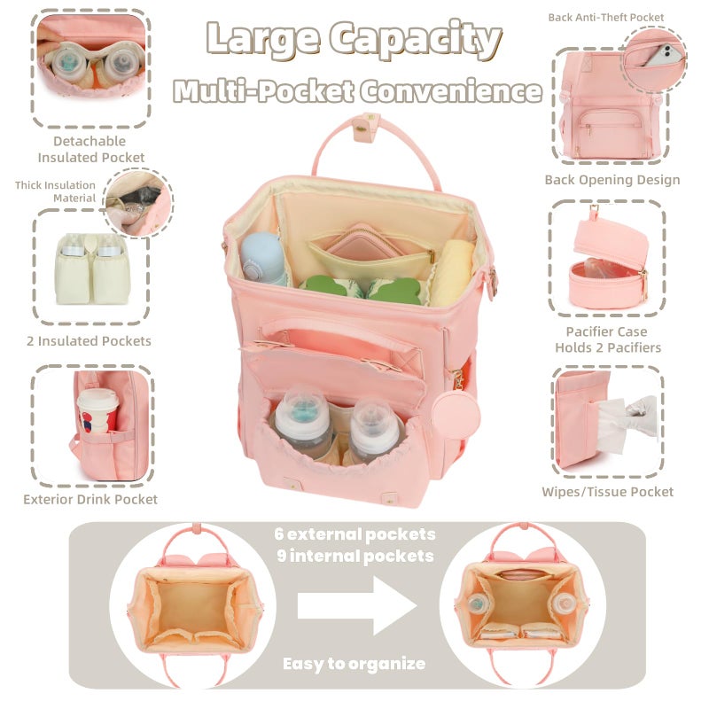 ROSEGIN Breast Pump Backpack & Diaper Bag with Cooler, Fits Spectra S1 S2 Medela, Pumping Bag for Work, Fits 15.6" Laptop, 15 Pockets, Reinforced Zippers, Pacifier Case, Stroller Straps, Pink - Image 5