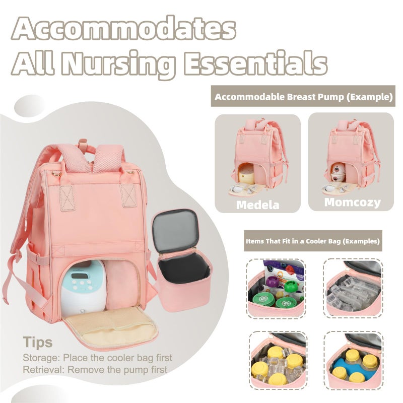 ROSEGIN Breast Pump Backpack & Diaper Bag with Cooler, Fits Spectra S1 S2 Medela, Pumping Bag for Work, Fits 15.6" Laptop, 15 Pockets, Reinforced Zippers, Pacifier Case, Stroller Straps, Pink - Image 2