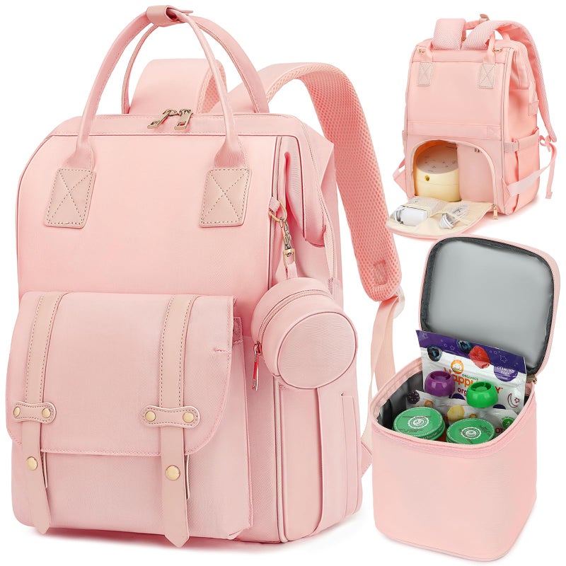 ROSEGIN Breast Pump Backpack & Diaper Bag with Cooler, Fits Spectra S1 S2 Medela, Pumping Bag for Work, Fits 15.6" Laptop, 15 Pockets, Reinforced Zippers, Pacifier Case, Stroller Straps, Pink - Image 1