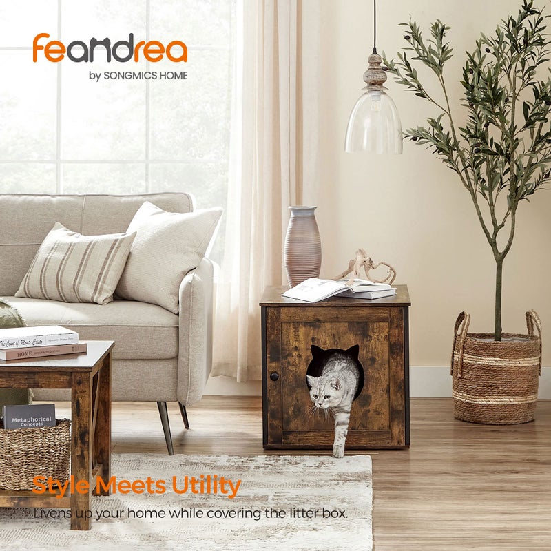 Feandrea Cat Litter Box Furniture, Hidden Litter Box Enclosure Cabinet with Single Door, Indoor Cat House, End Table, Nightstand, Rustic Brown and Black UPCL004X02 - Image 2