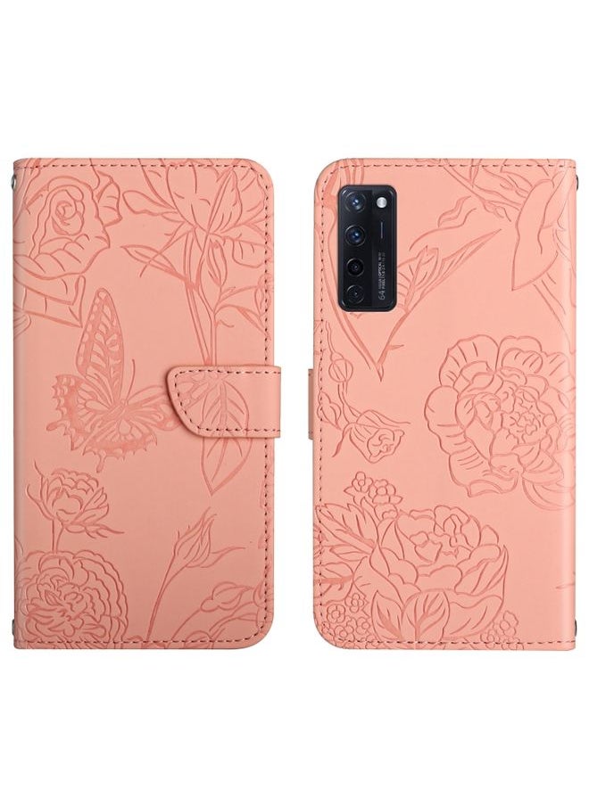 HuHa Case Cover For ZTE Axon 20 4G / 5G Skin Feel Butterfly Peony Embossed Leather Phone Case(Pink) 