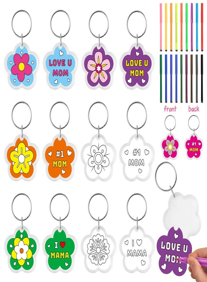 BeYumi Mother's Day Keychains Crafts - 24Pcs Color Your Own Acrylic Flower Keychains Bulk DIY Flower Key Ring Set for Kids Love U Mom Thankful Coloring Card School Classroom Party Favor Gifts Activity - Image 1