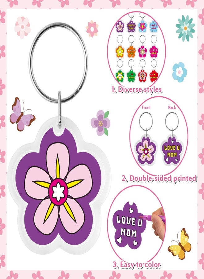 BeYumi Mother's Day Keychains Crafts - 24Pcs Color Your Own Acrylic Flower Keychains Bulk DIY Flower Key Ring Set for Kids Love U Mom Thankful Coloring Card School Classroom Party Favor Gifts Activity - Image 3