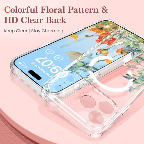 RALEAVO for iPhone 17 Pro Case Compatible with MagSafe Clear Floral Cover with Green Leaves Pattern for Girls Women Slim Cute Hard Back Shockproof Phone Case for iPhone 17 ProTransparent - Image 3