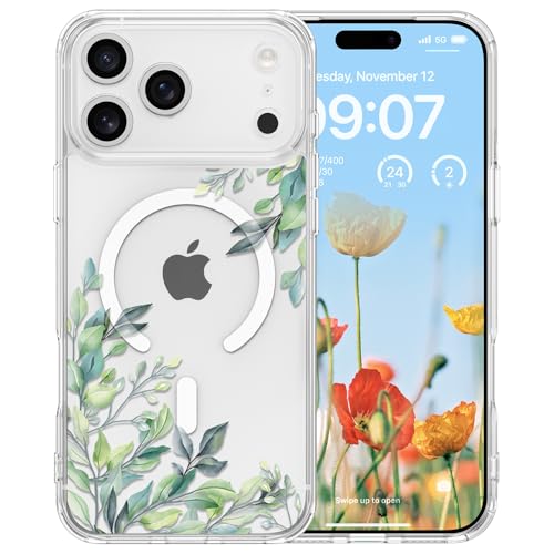 RALEAVO for iPhone 17 Pro Case Compatible with MagSafe Clear Floral Cover with Green Leaves Pattern for Girls Women Slim Cute Hard Back Shockproof Phone Case for iPhone 17 ProTransparent - Image 1
