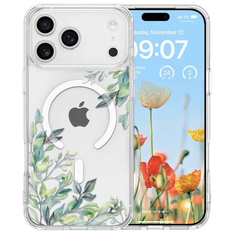 RALEAVO for iPhone 17 Pro Case Compatible with MagSafe Clear Floral Cover with Green Leaves Pattern for Girls Women Slim Cute Hard Back Shockproof Phone Case for iPhone 17 ProTransparent - Image 2