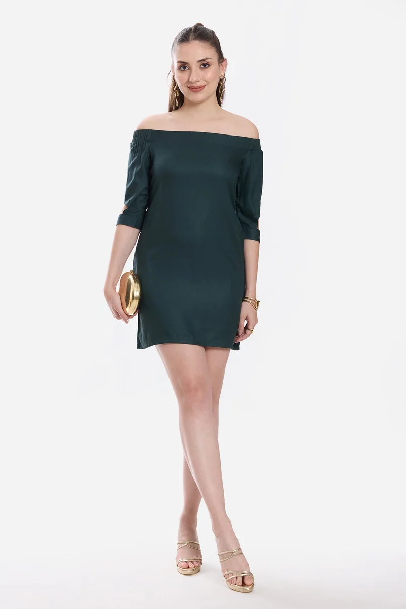فيرجيو Solid Viscose Off-Shoulder Mini Dress for Women