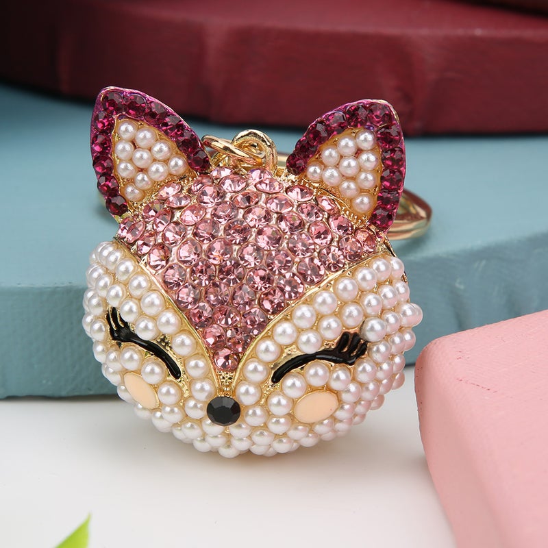 Fox Head Key Ring Pink Rhinestone Decorative Environmental Protective Electroplated Key Chain - Image 5