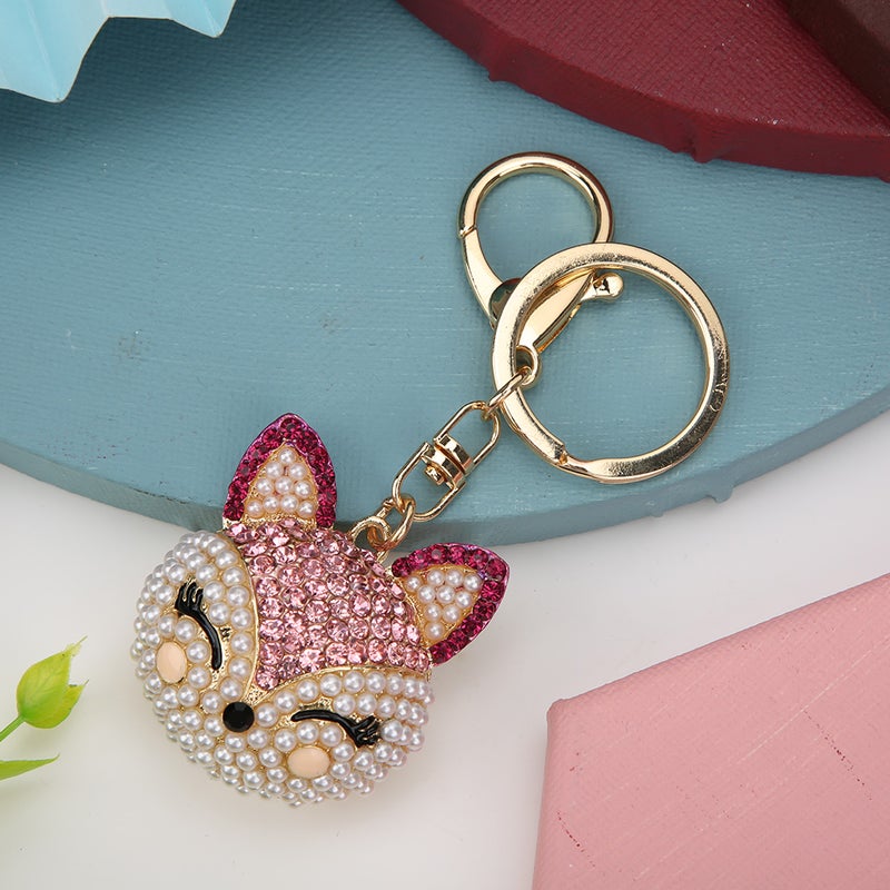 Fox Head Key Ring Pink Rhinestone Decorative Environmental Protective Electroplated Key Chain - Image 4