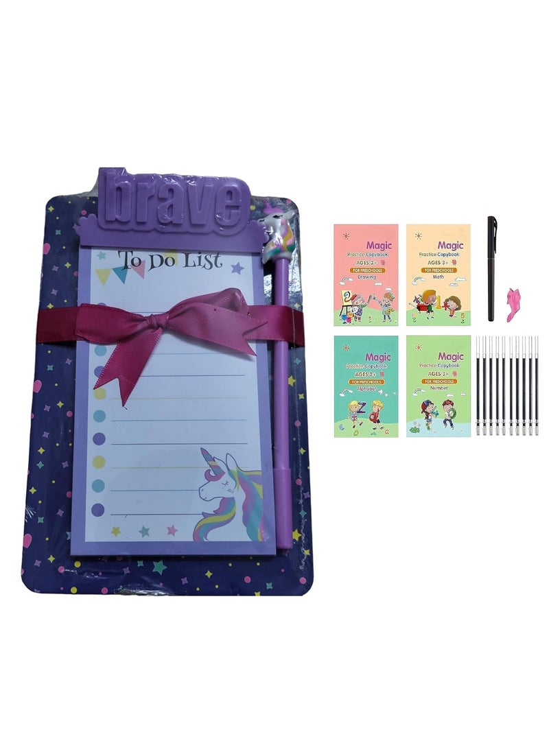 Generic MFH Colorful Unicorn Stationery A5 Clipboard Set with 50 Pages Writing Notepad and Pen for Kids and Children and Sank Book Combo  - Image 1