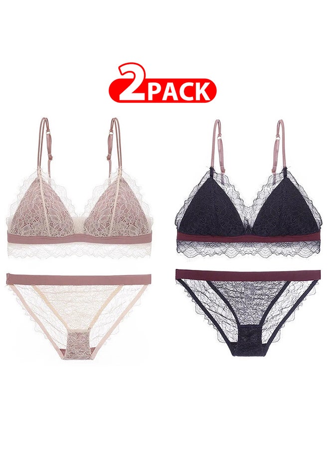MARGOUN 2 Packs For Women's Large Size Bra and Panty Set Bra Lace Lash Floral Briefs Underwear Triangle Cup Young Girls Underwear Lingerie Bra and Panties Set Multicolour - Image 1